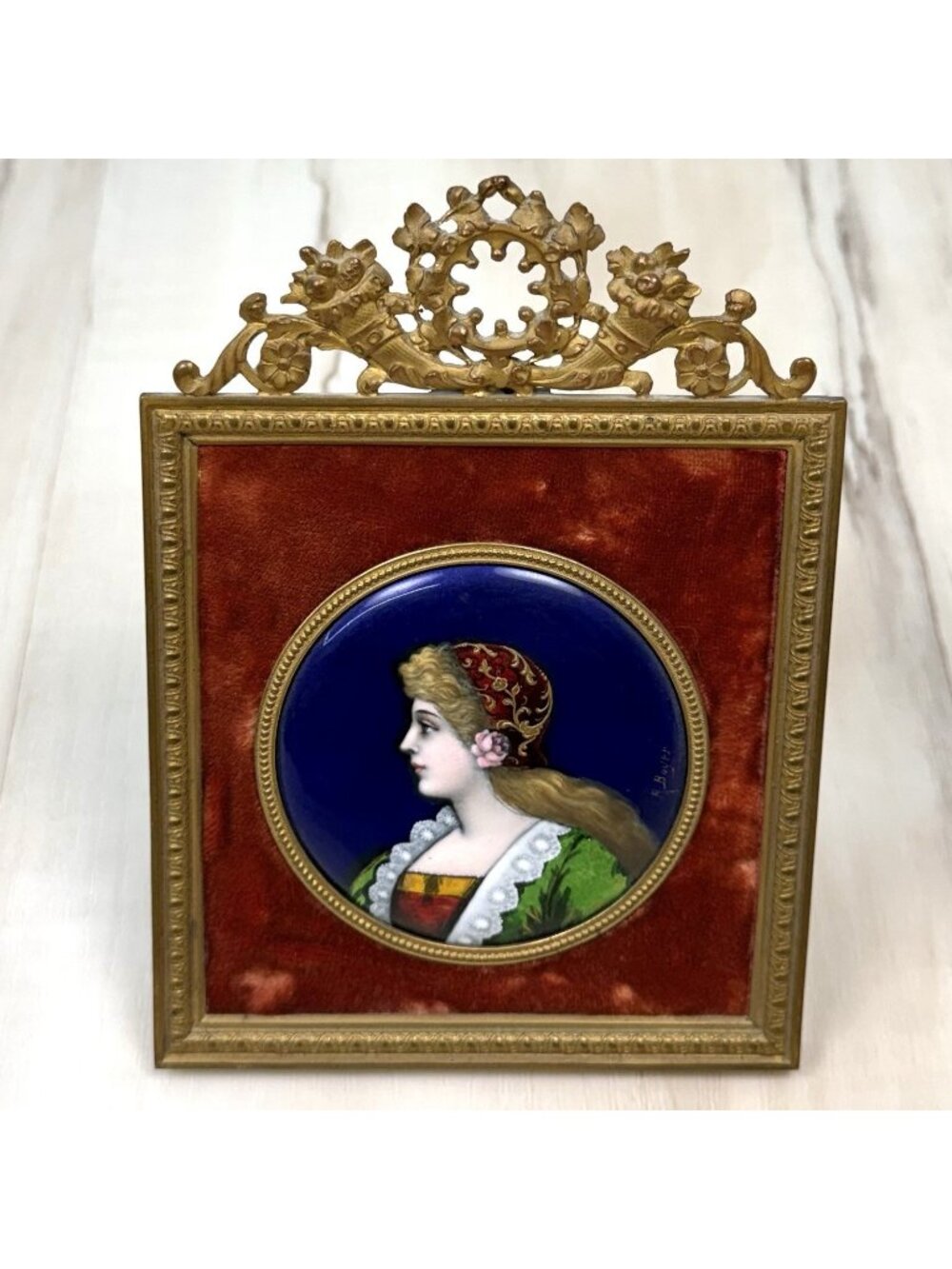 Antique Limoges 4.25"x6" R. Boyer Signed Convex Enamel on Copper Portrait Framed